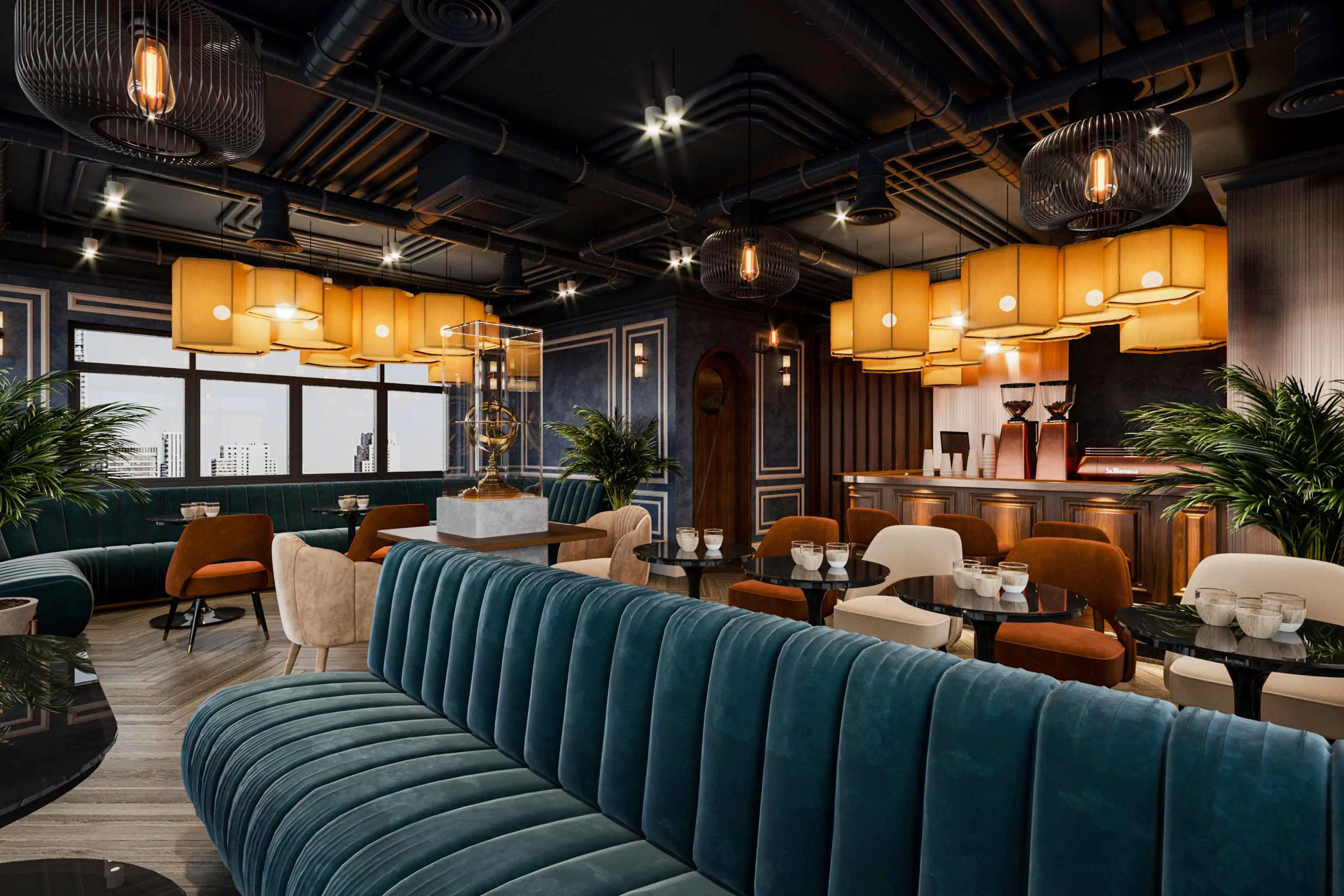 GettyImages-2161343098_11zon Stylish modern lounge with plush seating.