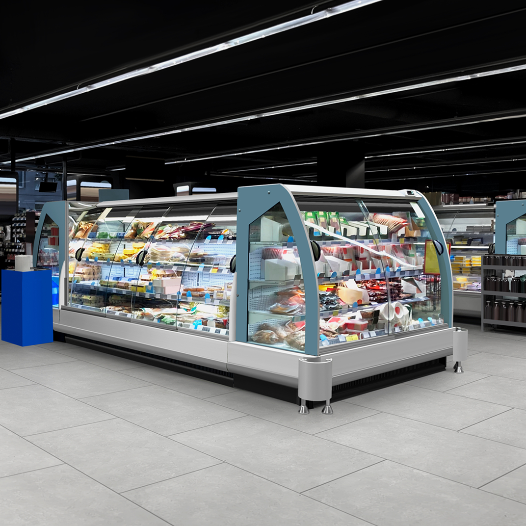 listing6 Supermarket refrigerated display with various products.