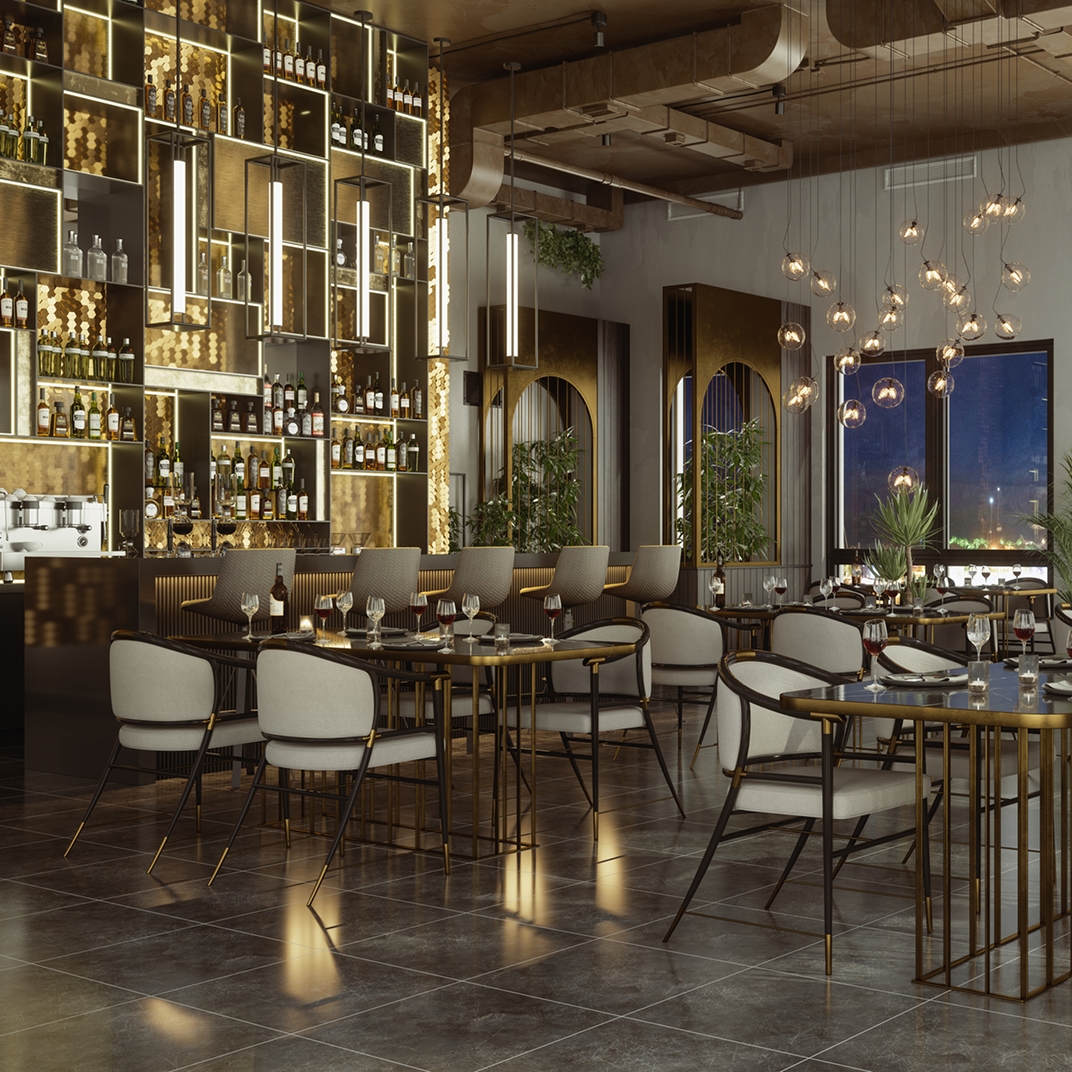 listing7 Modern restaurant interior with elegant lighting fixtures.